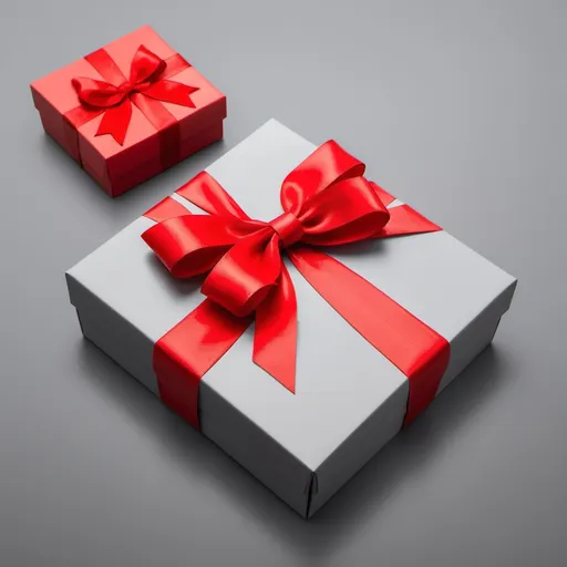 Prompt: blank red gift card with red ribbon bow isolatd on gray box