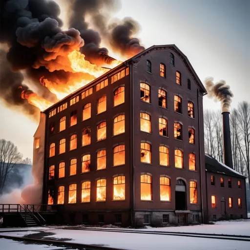 Prompt: create a picture of an old factorymill from the 1900 that is burning with flames coming out of big windows