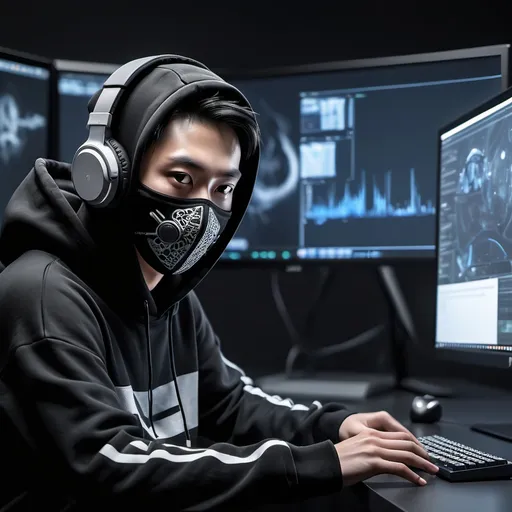 Prompt: a person wearing a black hoodie and headphones sitting in front of a computer monitor with a black face mask, Ding Guanpeng, net art, unreal engine highly rendered, computer graphics