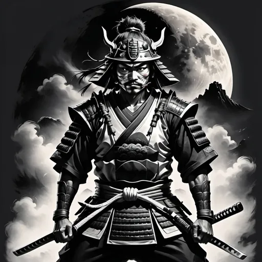 Prompt: black and white, (highly detailed samurai), fully geared, katana in one hand, other hand on belt, wearing a mask, (moon backdrop), (intense glare), blades in the background, dramatic shadows, somber atmospheric vibes, high contrast, stylized composition, (ultra-detailed), ready for combat, powerful stance, depth and dynamic energy in the scene.