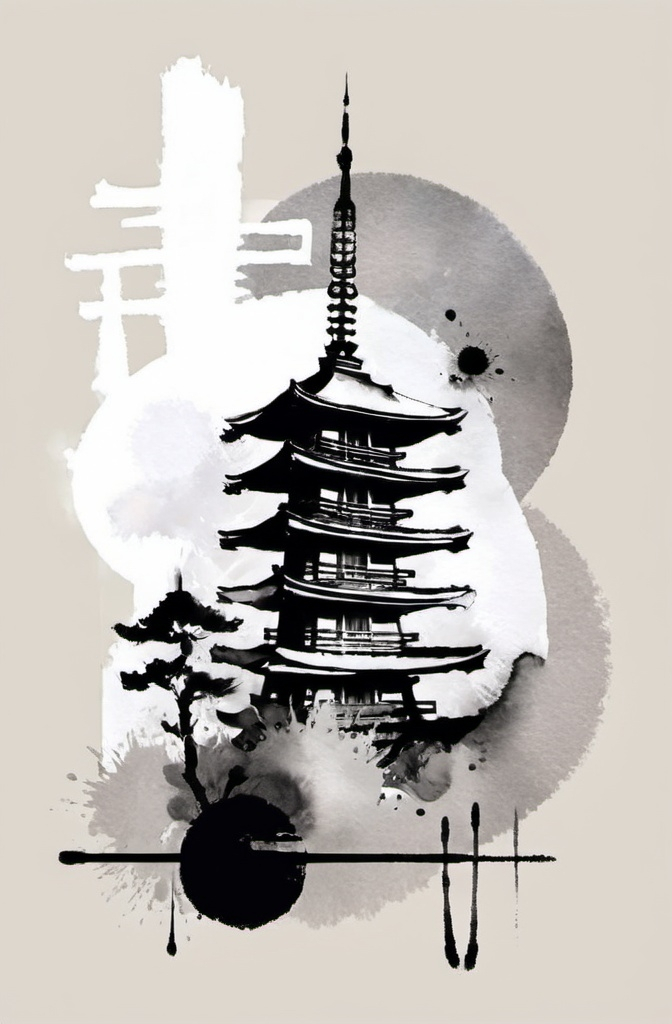 Prompt: japanese symbol for tower, with a pagoda via art deco drawn in paint, (logo styled)