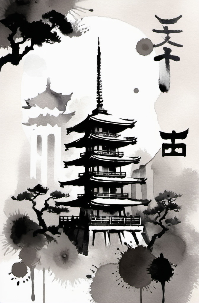 Prompt: japanese symbol for tower in the background in paint, with a pagoda via art deco drawn in paint, (logo styled)