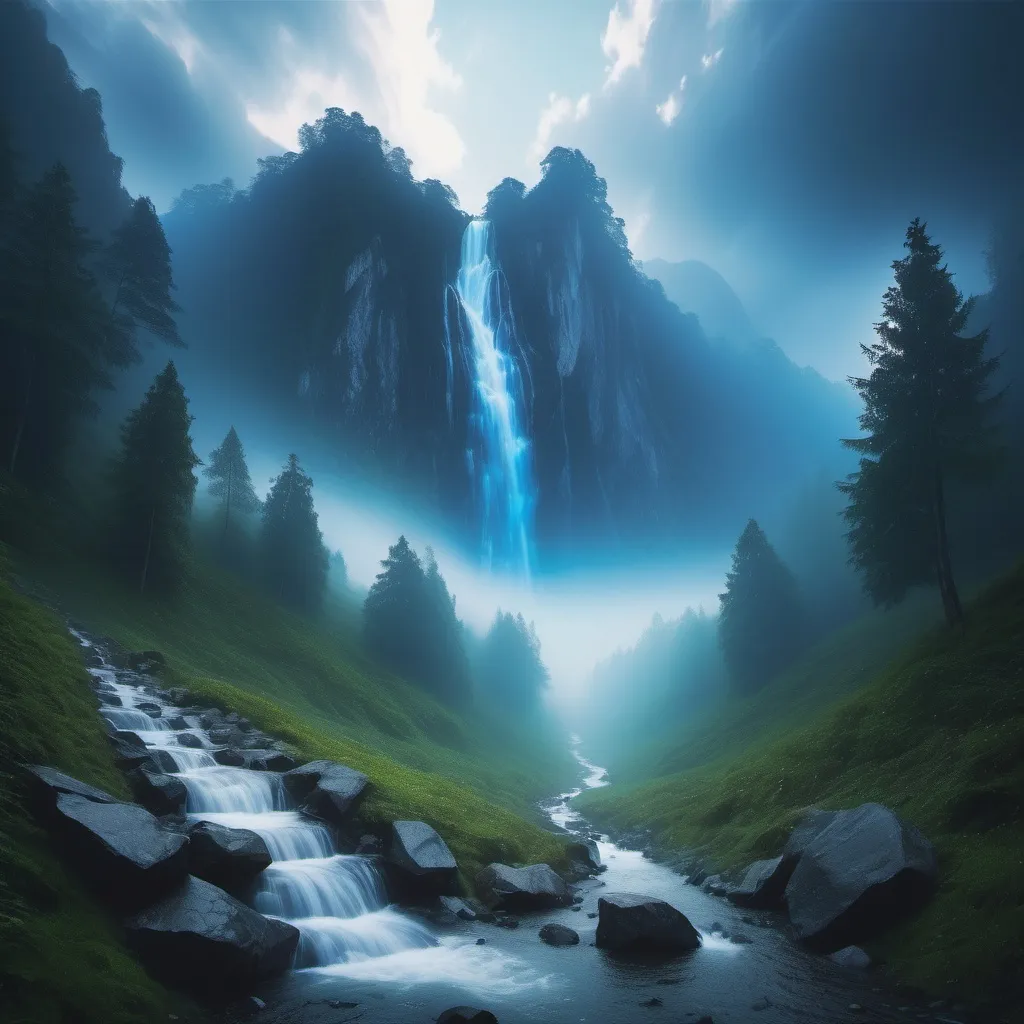 Prompt: Colossal mountains misty sky a sapphire blue waterfall a smooth path leading to the forest