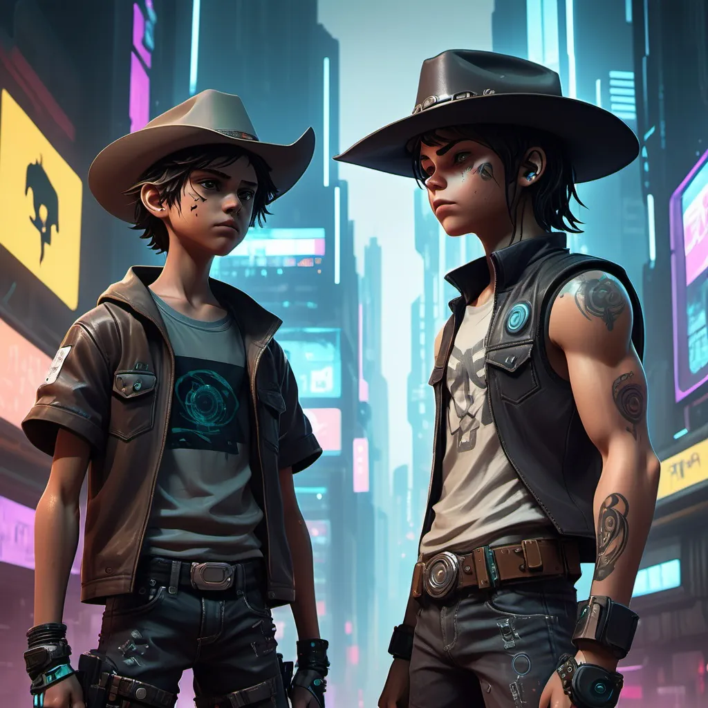 Prompt: A cyberpunk cityscape with two characters in the foreground. One is a 12 year old boy with an slight aura about him and a HUD screen floating slightly to the side of his vision. His companion is a 40-year old cowboy with his shirtsleeves cut off to show his impressive muscles. He wears a cowboy hat set to reveal dark wavy hair. He has a bushy mustache and sideburns and his grin reveals a gap between his front teeth.