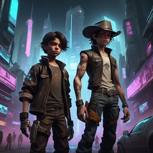 Prompt: A cyberpunk cityscape with two characters in the foreground. One is a 12 year old boy with an slight aura about him and a HUD screen floating slightly to the side of his vision. His companion is a 40-year old cowboy with his shirtsleeves cut off to show his impressive muscles. He wears a cowboy hat set to reveal dark wavy hair. He has a bushy mustache and sideburns and his grin reveals a gap between his front teeth.