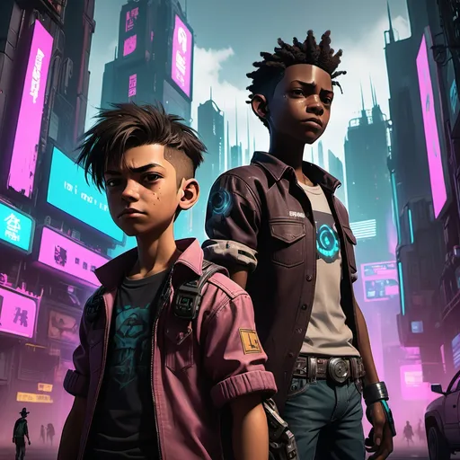 Prompt: A cyberpunk cityscape with two characters in the foreground. One is a 12 year old boy with an slight aura about him and a HUD screen floating slightly to the side of his vision. The other is a tall and thick 40-year old cowboy grinning with a gap between his front teeth. His western shirt's sleeves are cut off to show his impressive muscular arms. He wears a cowboy hat set to reveal dark wavy hair. He has a bushy handlebar mustache and sideburns. The man stands slightly behind and to the side of the boy.