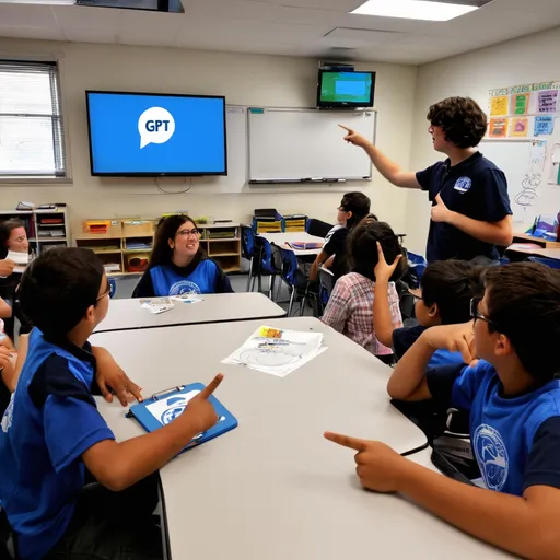 Prompt: Students engaged in a classroom about Chat GPT, 

Teacher pointing to a borad with GPT logo to show what they are learning