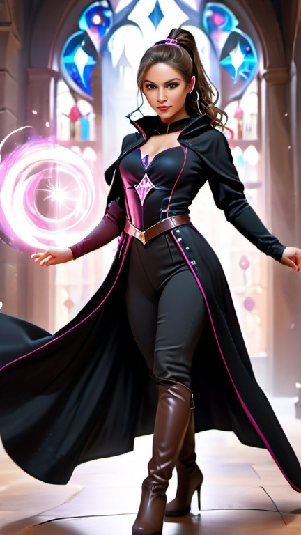 Prompt: (magic-filled encounter), female wizard in her mid-30s, (ash brown hair tied in a long ponytail), (mysterious black cloak), striking (pink-grey eyes), stylish (tight pants), (leotard), alluring (heeled boots), atmospheric magical background, (enchanting ambiance), (4K ultra-detailed), visually captivating colors, dramatic lighting, embodying power and grace.