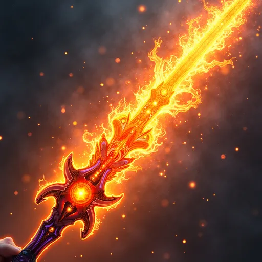 Prompt: (magical girl weapon), vibrant colors, fiery accents, intricate design, glowing ember details, dynamic flame patterns, high-quality illustration, fantasy elements, whimsical vibe, enchanting aura, warm tones, ultra-detailed, dramatic lighting, swirling smoke and sparks, enhanced magical energies flowing through, captivating and powerful presence.