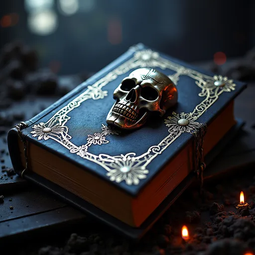 Prompt: (magical tome), leather tome, silver skull on cover, (malevolent aura), deep shadows, glowing silver accents, ancient necromancy symbols, (ultra-detailed), thick and worn pages, mysterious atmosphere, dark enchantment, atmospheric lighting, (vibrant contrasts), mystical energy emanating from the tome, intriguing and foreboding presence.