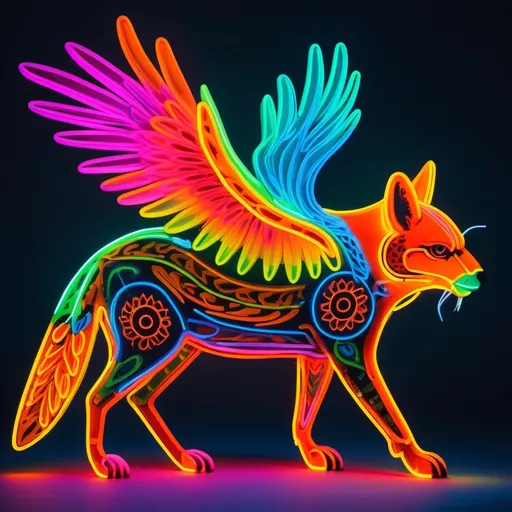 Prompt: An animal with the body of a jaguar, head of an armadillo, wings of an eagle on the back, feet of a deer, and tail of a fox, neon colours