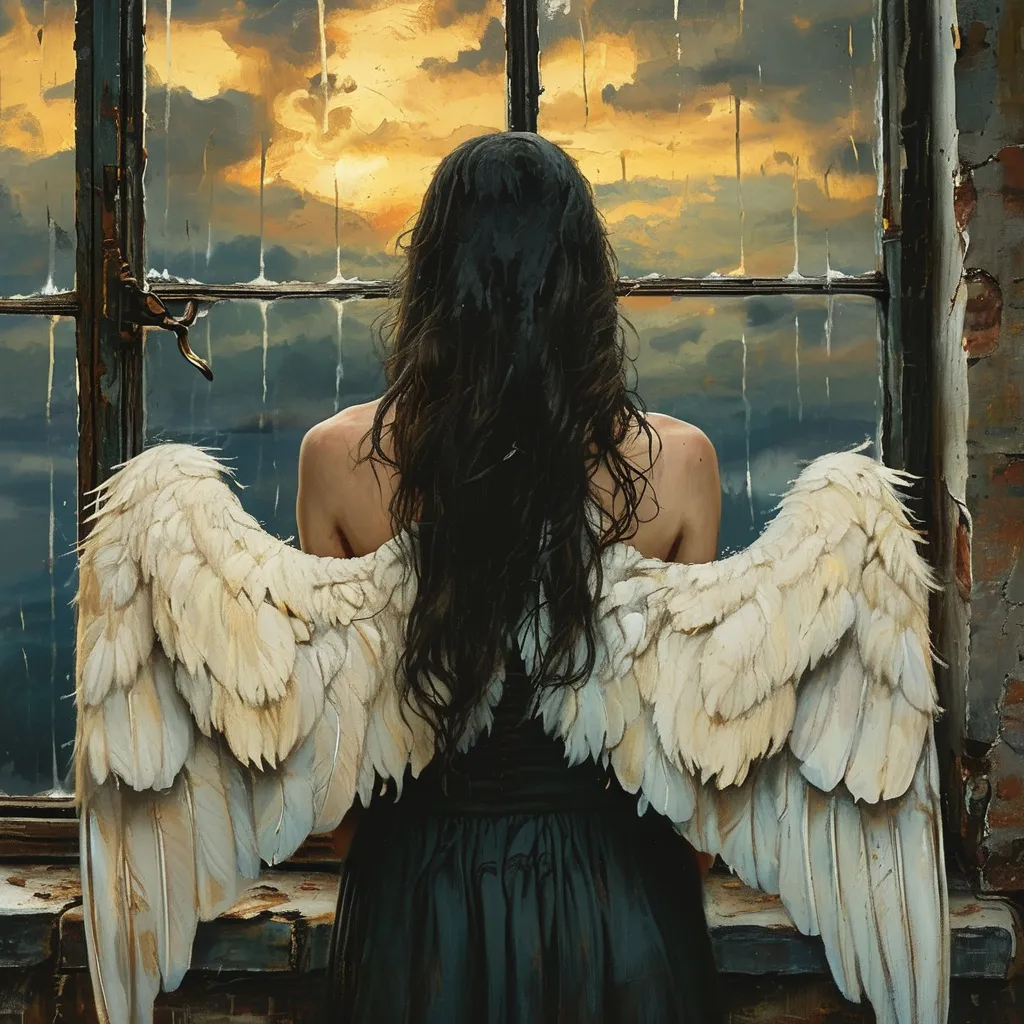 Prompt: a sad woman with dark long hair and  white wings standing in front of a windowб her wings are tied behind her backб  with dark rainy clouds in the sky,in the style of a Renaissance painting.