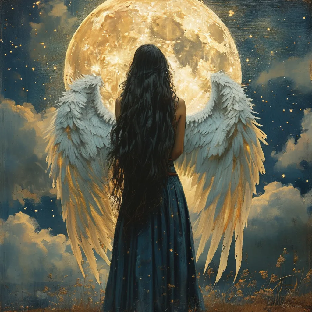 Prompt: a sad woman with dark long hair and  white wings standing in front of a full moon and stars filled sky with clouds and stars in the sky,in the style of a Renaissance painting.