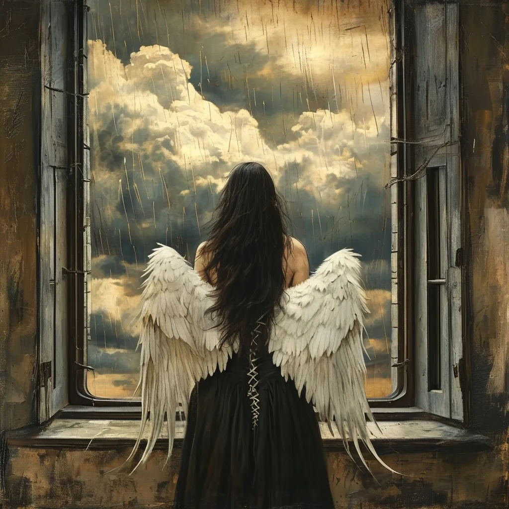 Prompt: a sad woman in white long dress with dark long hair and  white wings standing in front of a window, Her wings are tied behind her back. She is depicted in profile. with dark rainy clouds in the sky,in the style of a Renaissance painting.