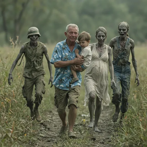 Prompt: Old man wearing a blue palm tree Hawaiian shirt and shirts carrying a child in his arms is running down a muddy trail with tears on his face. Behind him are three decaying, rotting zombies. One zombie is a soldier wearing camouflage, one a beautiful pregnant woman wearing a torn wedding dress and the last a rough looking man with a mullet in overalls. All are shuffling towards him. 