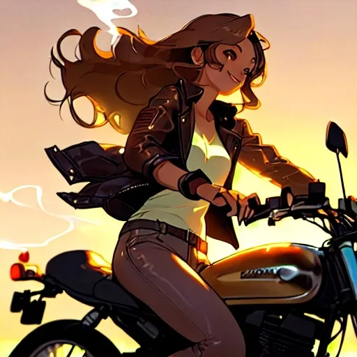 Prompt: (cute girl), (brown eyes), (beautiful smile), smoking a cigarette, riding a motorcycle, urban background, warm golden sunset lighting, relaxed and rebellious ambiance, stylish leather jacket, tousled hair gently blowing in the wind, soft focus on the background for high quality, cinematic look, ultra-detailed.