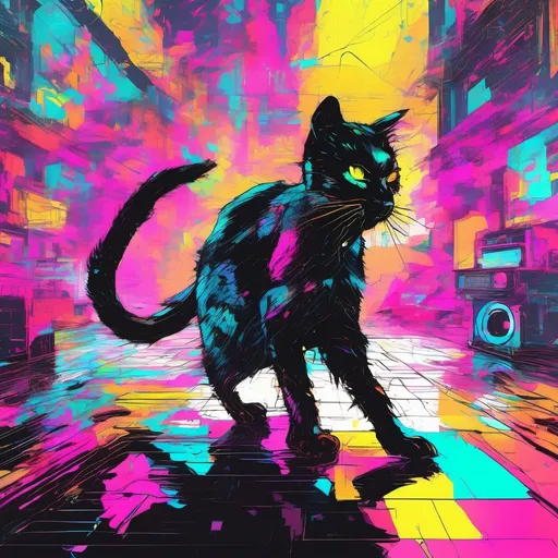 Prompt: vibrant inkpunk style, (highly detailed) black cat, dance floor, (neon hues) lighting, (dynamic composition), energy-filled atmosphere, abstract patterns, pulsating colors, reflections on the floor, (high-quality, ultra-detailed), lively vibe, eclectic surroundings, captivating expressions of movement, artistic flair, trendy urban setting.