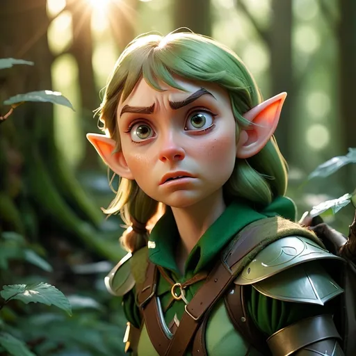 Prompt: Elf ranger in a mystical forest around sunlight looking unhappy, calling for help