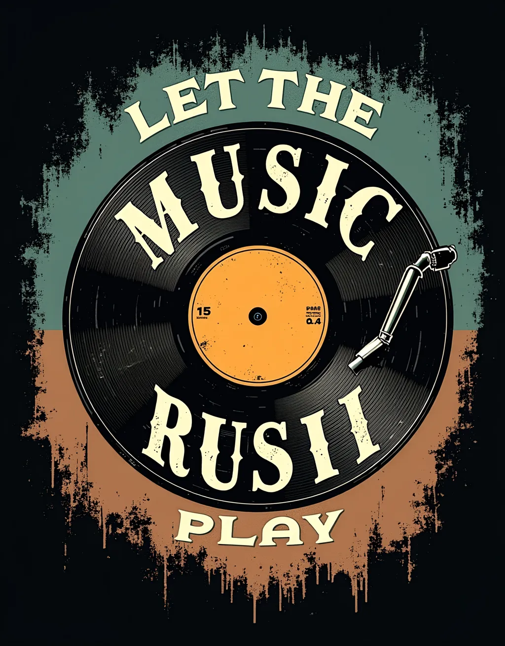 Prompt: A retro album cover design for a black sweatshirt print, featuring a large, central vinyl record with a subtle distressed effect and realistic grooves. The phrase 'Let the Music Play' is displayed in a vintage serif font with worn edges, set in an arc above the record. The design incorporates a grunge texture overlay, adding depth and a tactile feel, and is highlighted with faded, muted hues of teal, mustard, and soft brown. A hint of cracked paper texture runs through the entire design, giving it an authentic aged appearance. The background remains minimalist to ensure focus on the main design, with a slight vignette effect framing the print.