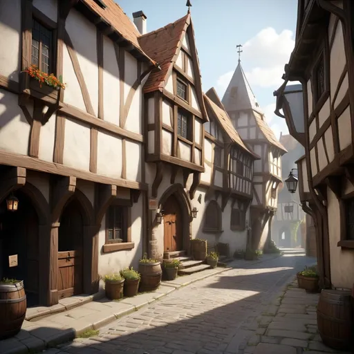 Prompt: concept art, unreal engine, sunny medieval street on a calm day