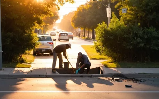 Prompt: A side walk scene with two men, one working on fixing the cracks in the road beside a manhole and the other picking up trash from the bushes. Golden hour moment