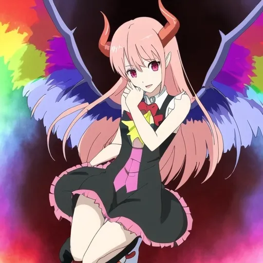 Prompt: anime girl with angle and devil wings wears rainbow outfit.