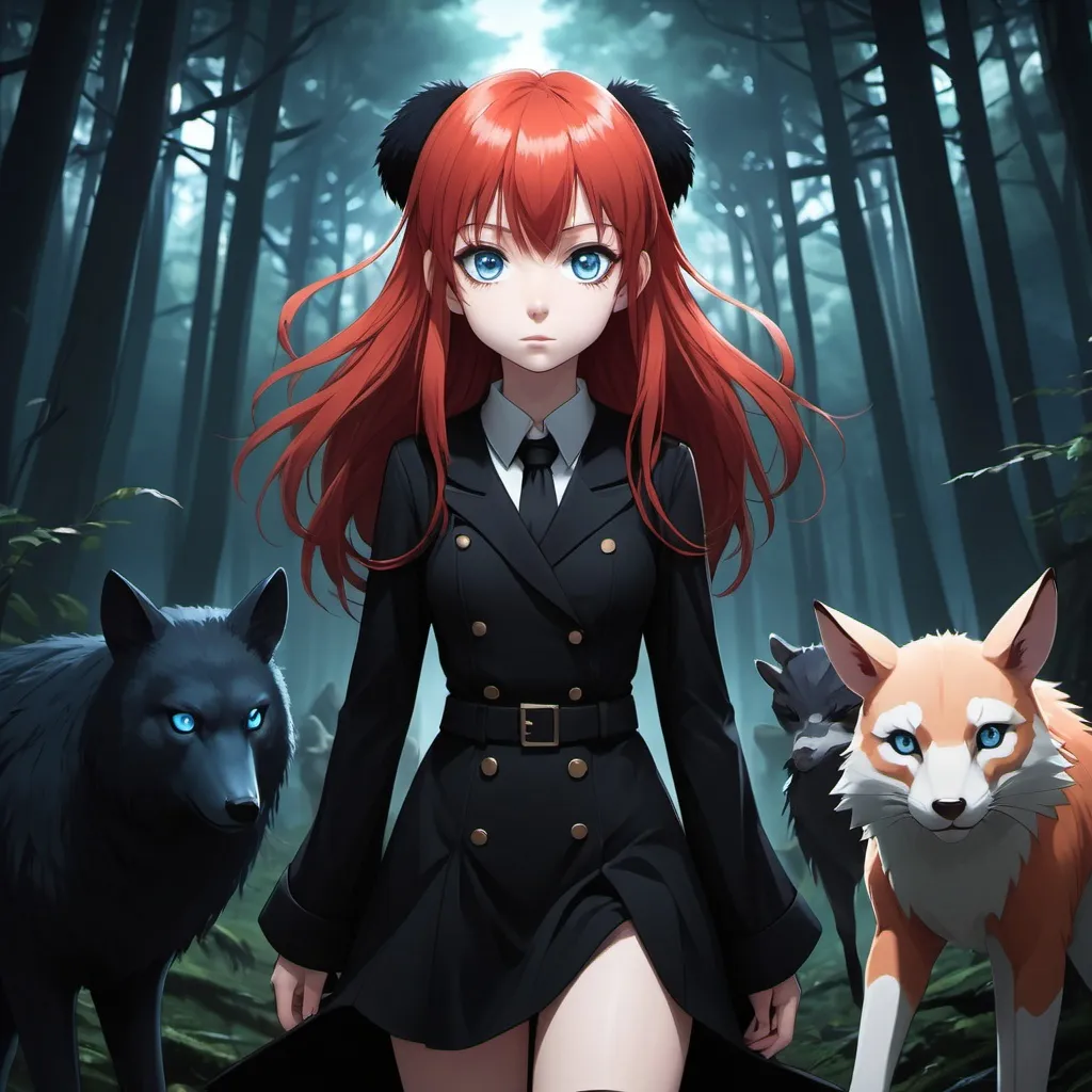 Prompt: a dark forest with an anime girl with red hair and blue eyes and wears a black outfit with animals following her.