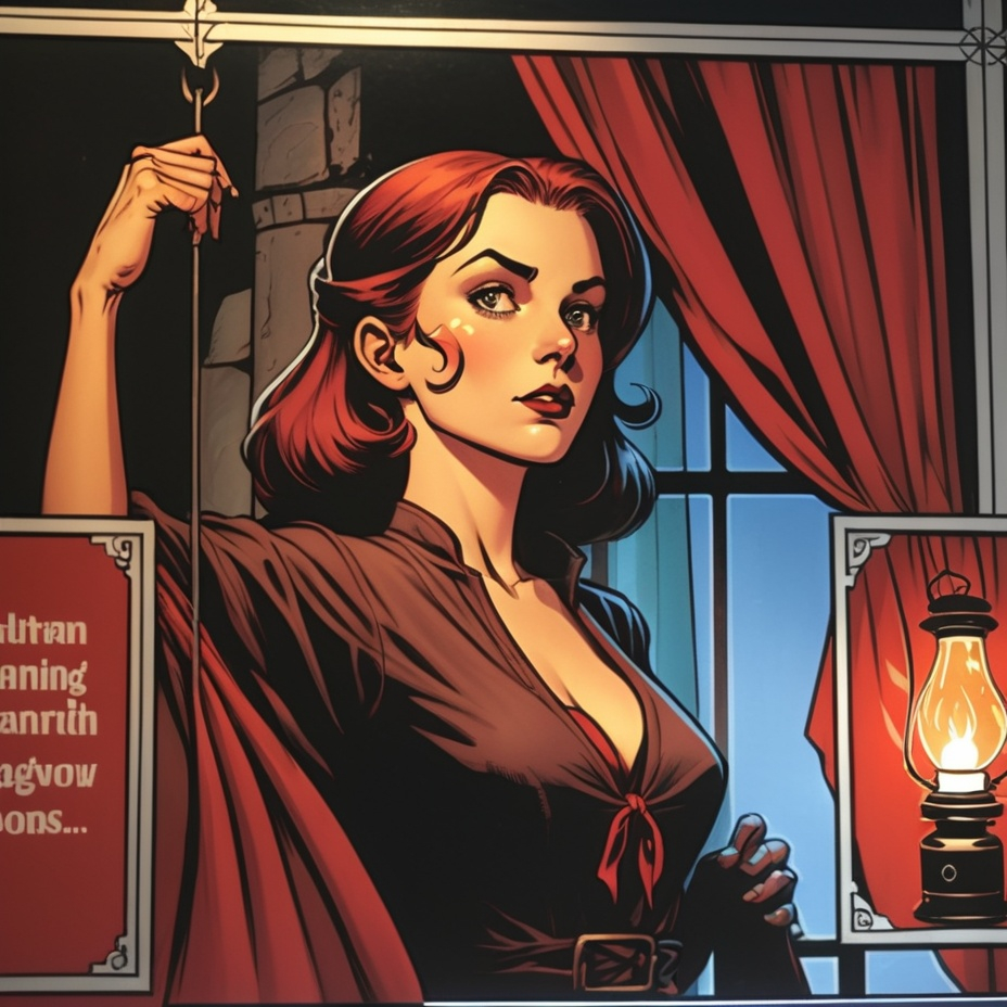 Prompt: a sign with a picture of a woman holding a lantern in front of a window with a red curtain, Dirk Crabeth, altermodern, dungeons and dragons, a comic book panel