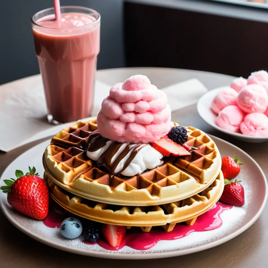 Prompt: Apple waffle with Nutella,.strawberry juice, berry and cotton candy