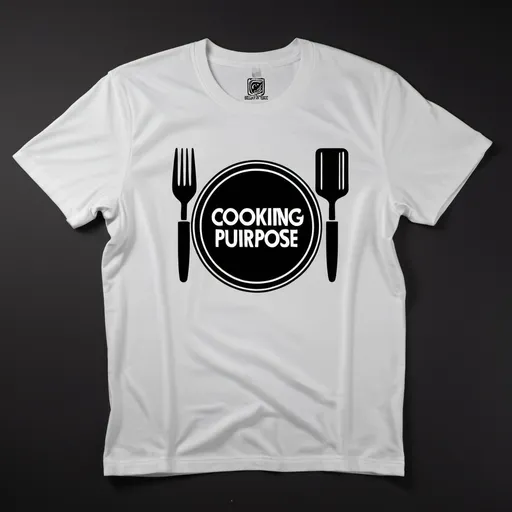 Prompt: a white t-shirt, with a black logo stating "cooking 4 a purpose" , black background