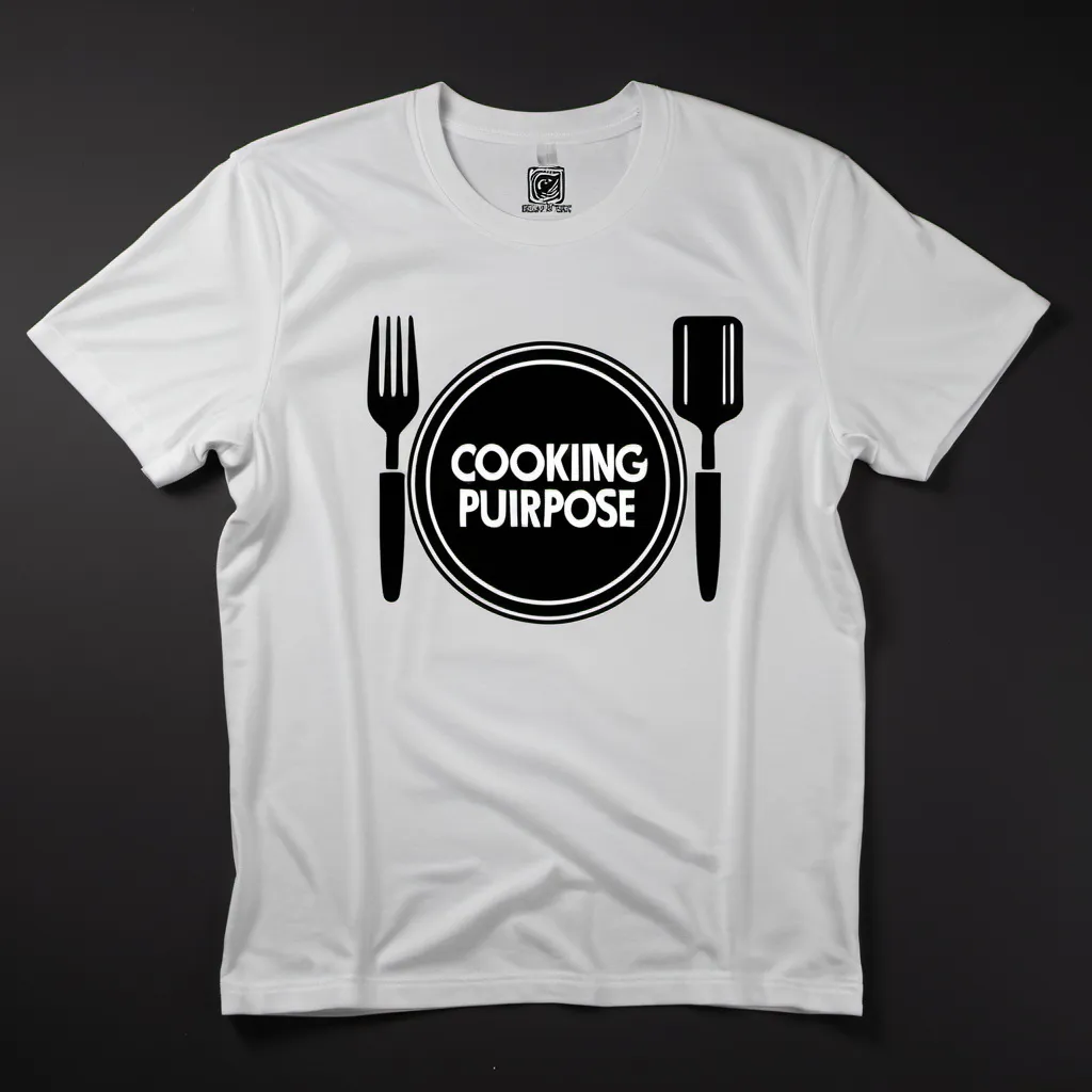 Prompt: a white t-shirt, with a black logo stating "cooking 4 a purpose" , black background