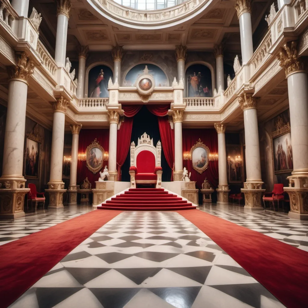 Prompt: A big palace with lots of windows and lights. A very large main room with a giant throne in the middle of the room. A long red carpet stands at the foot of the magnificent throne. The ceramic floor is snow white. Behind the throne is a huge photo of an ancient king.