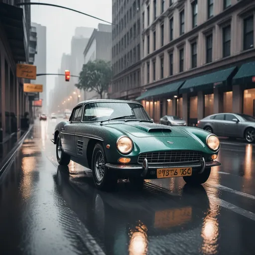 Prompt: A CLassic SPOrts car cruising through an extremely rainy city