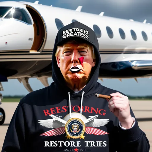 Prompt: Trump is back in office, make a hoodie that says "restoring greatness" Have a nice picture of trump on there with the private jet behind. with a cigar in his mouth