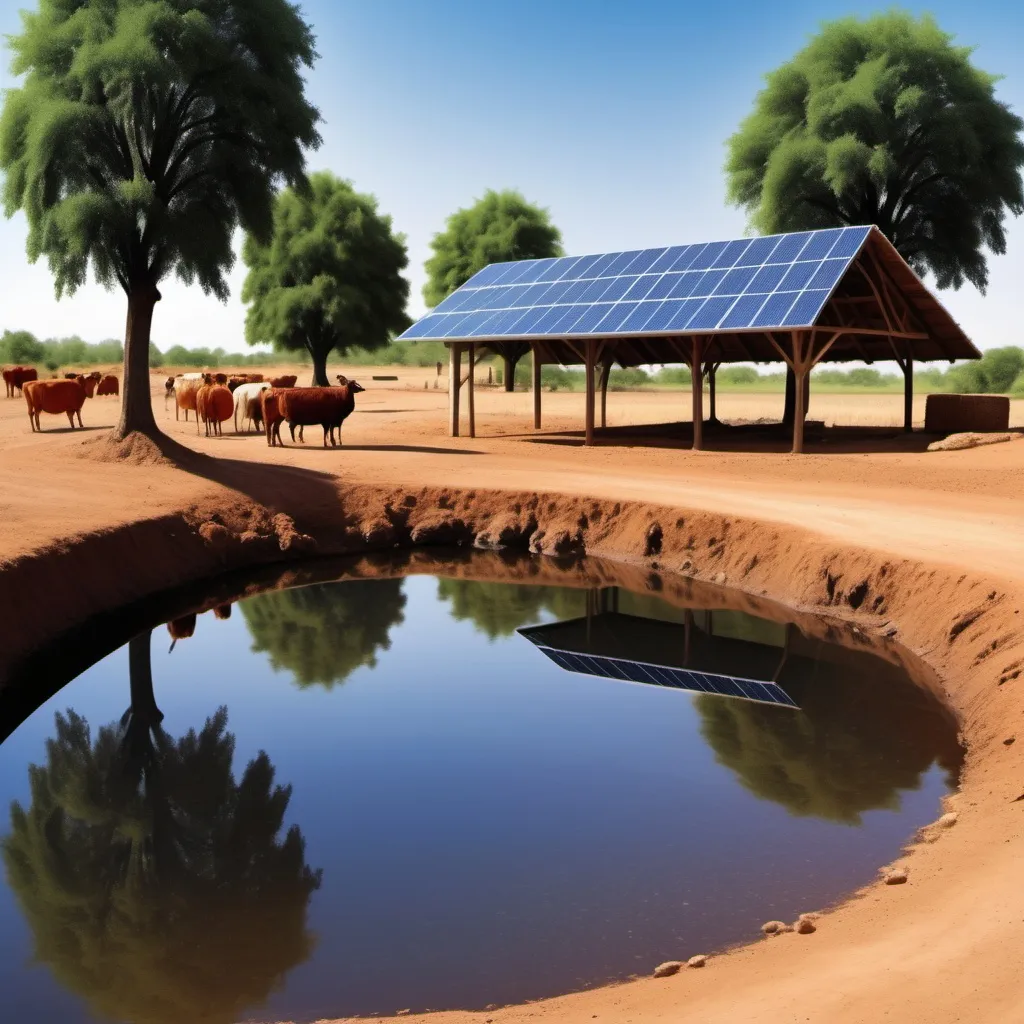 Prompt: Can you create a landscape picture for a christmas card. We are a business called Solar Pumptec and we sell Solar Water Pumps. We mainly provide water for livestock if you can add livestock to the picture, a dam and solar panels.
