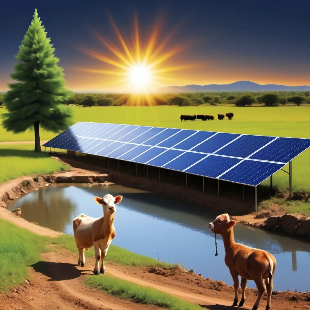 Prompt: Can you create a landscape picture for a christmas card. We are a business called Solar Pumptec and we sell Solar Water Pumps. We mainly provide water for livestock if you can add livestock to the picture, a dam and solar panels.
