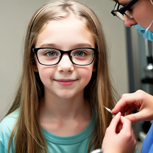 Prompt: Cute 14 year old white girl with glasses getting body exams 