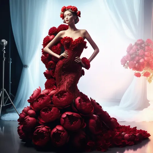 Prompt: (fashion display concept), stunning mannequin in (elegant) red evening gown,  red peonies and vibrant flowers, intricate headpiece, (luxurious) fairy-tale style, opulent glamour, (detailed texture), soft evening lighting, surrounded by a dreamy ambiance, (ultra-detailed) artistry, perfect for a high-class luxury show backdrop.


