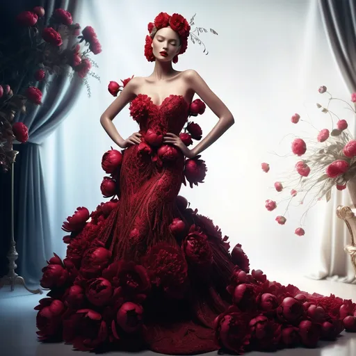 Prompt: (fashion display concept), stunning mannequin in (elegant) red evening gown,  red peonies and vibrant flowers, intricate headpiece, (luxurious) fairy-tale style, opulent glamour, (detailed texture), soft evening lighting, surrounded by a dreamy ambiance, (ultra-detailed) artistry, perfect for a high-class luxury show backdrop.


