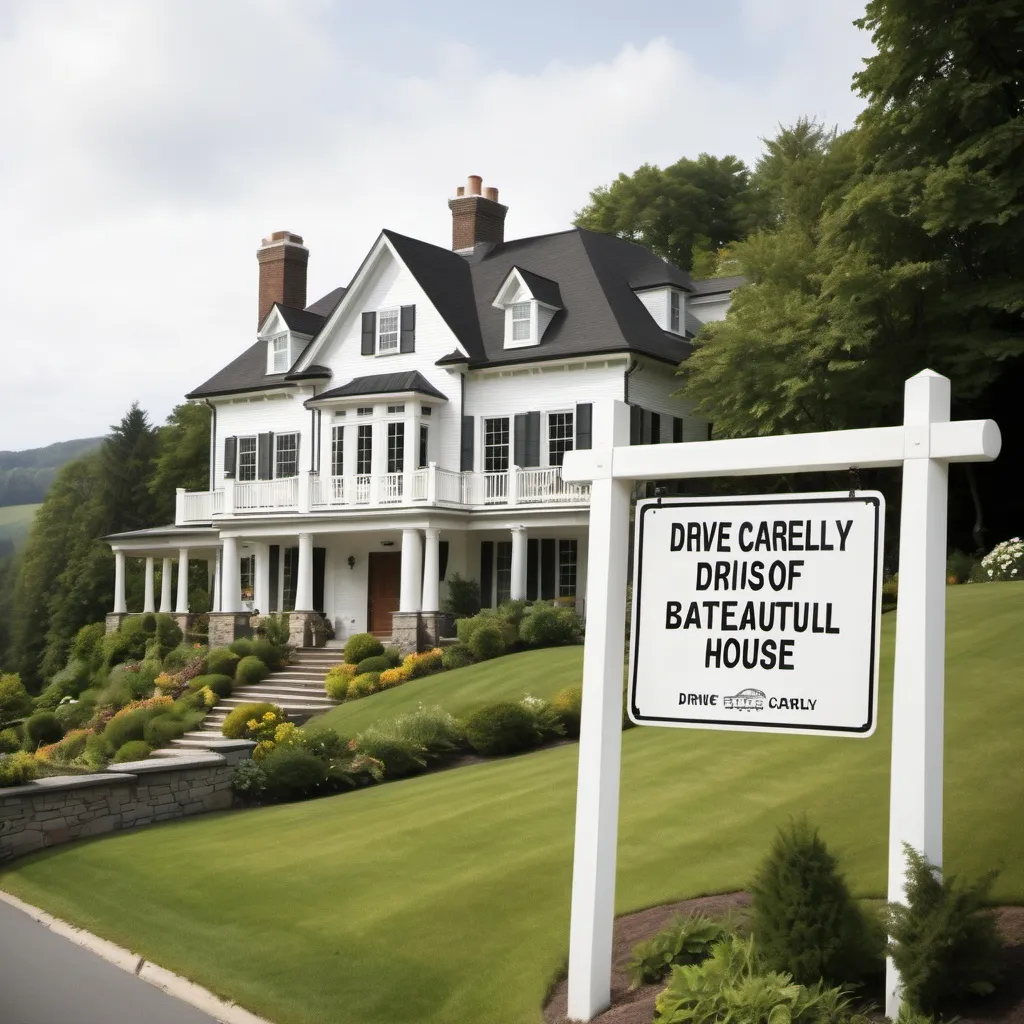 Prompt: A beautiful house has a very large sign reading "Drive Carefully", which blocks the beautiful view of the house 