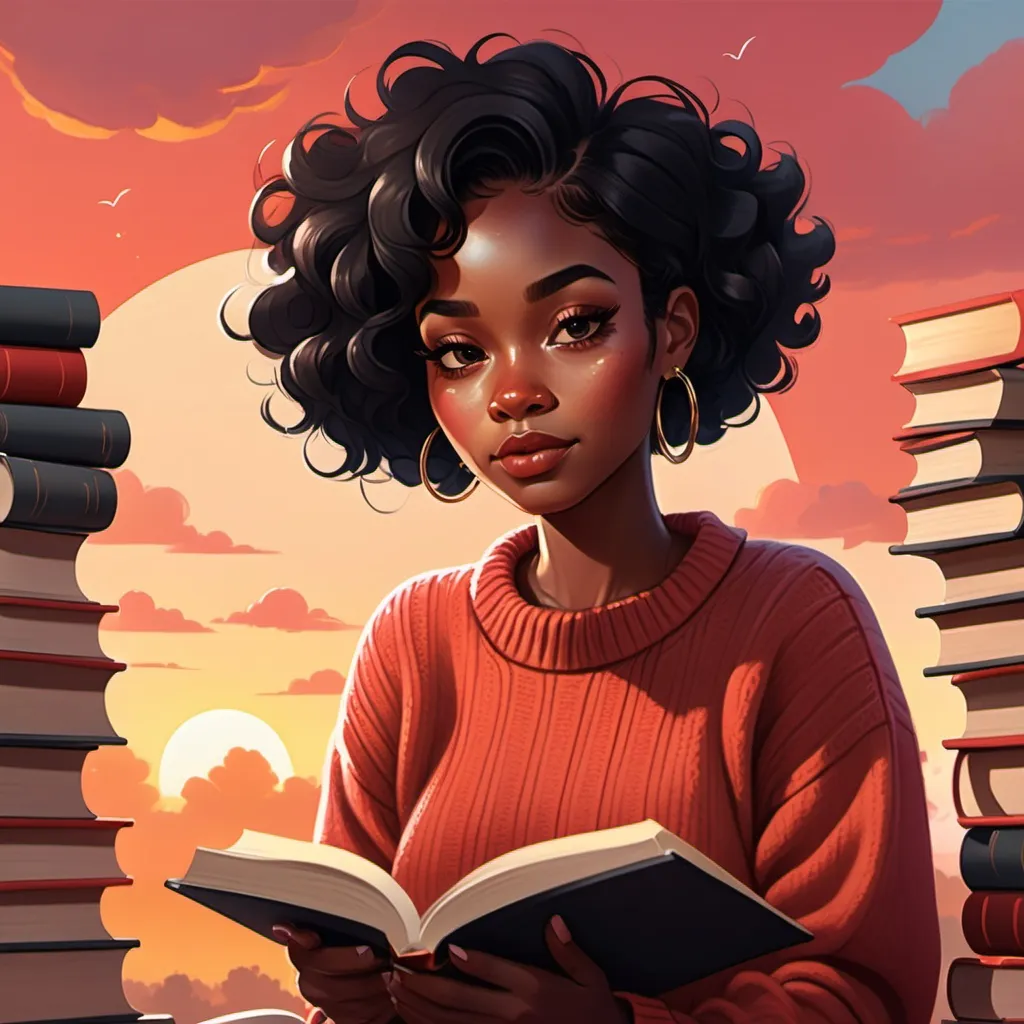 Prompt: black woman with short  swirling wavy black hair, tiny small hoop earrings, wearing a red sweater reading a book on a sunny day, with stacks of books around the woman, a sunset sky in the background, cute illustration