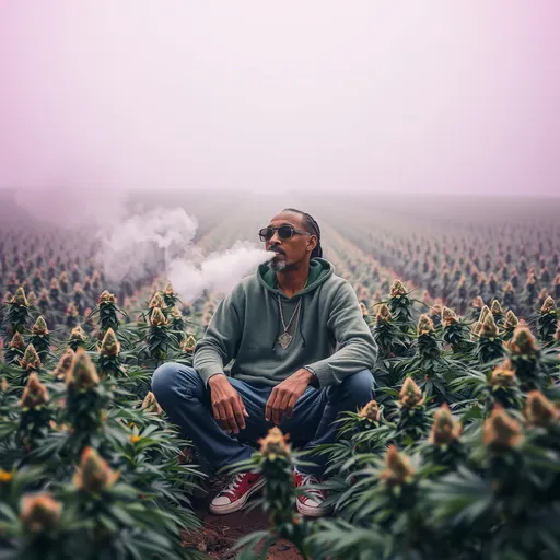 Prompt: create a immage of snoop dog sitting in a huge weed farm while smiking a 0.5m joint with bob marly
