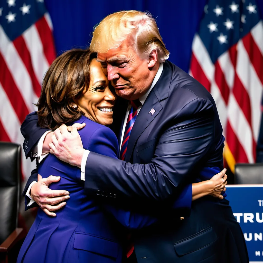 Prompt: Donald trump is hugging kamala harris