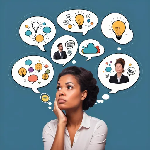 Prompt: a female entrepreneur with multiple business ideas in thought bubbles above her head