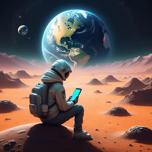 Prompt: picture of me sitting on another planet looking at my phone watching the people of earth living while im lonely and distant in my head