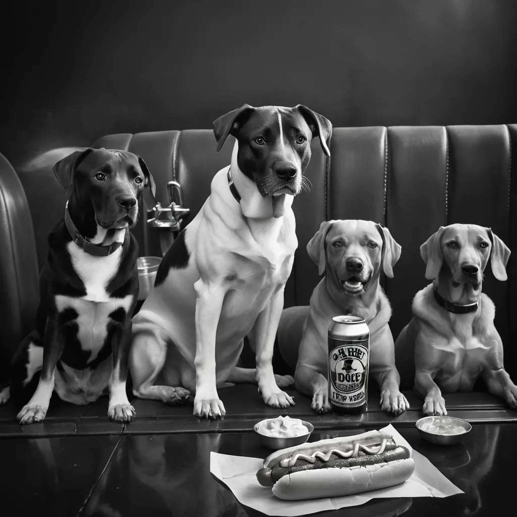 Prompt: Three dogs sitting with a draft beer and hot dog and mustard.