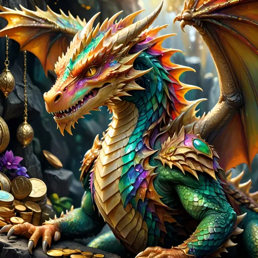 Prompt: Fierce, magnificent dragon, vivid colorful scales glistening in the light, majestic wings spread wide, intricately detailed textures, guarding a sparkling treasure hoard, coins shimmering in gold and gems, dramatic shadows, enchanting background with misty mountains, rich and vibrant color palette, magical atmosphere, high detail, 4K quality, fantasy art masterpiece.