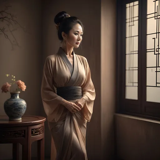 Prompt: stunning elegant 50-year-old Chinese woman, full body pose, super thin and toned physique, gorgeous body, perfect silhouette, long flowing hair tied up in messy bun, soft ambient lighting, warm and inviting color tones, beauty radiating confidence and grace, high fashion traditional dress, glamour, ultra-detailed portrait, captivating expression, beautifully balanced composition, emphasizing allure and sophistication, high-quality image, perfect for showcasing beauty and empowerment.