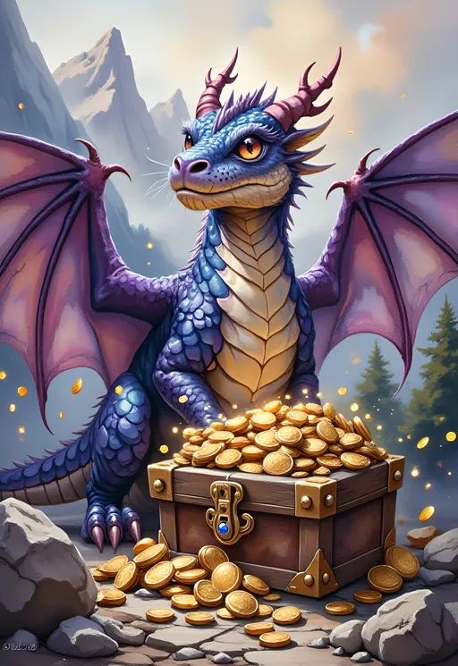 Prompt: Fierce, magnificent dragon, vivid colorful scales glistening in the light, majestic wings spread wide, intricately detailed textures, guarding a sparkling treasure hoard, coins shimmering in gold and gems, dramatic shadows, enchanting background with misty mountains, rich and vibrant color palette, magical atmosphere, high detail, 4K quality, fantasy art masterpiece.