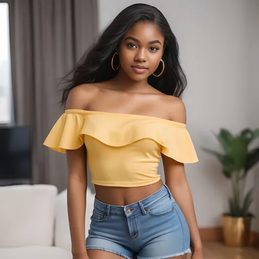 Prompt: Photorealistic ((full body poses)) of an 18-year-old Nigerian Igbo girl, long black hair flowing, professional studio lighting, sharp jawline, pointed nose, large expressive eyes adorned with pimples and charming dimples, posing in cute fashionable tight little trendy lycra shorts and off the shoulder cropped top, close up in luxury apartment in NY in front of floor to ceiling windows showing off skyline, ultra-detailed and vibrant, capturing the essence of youth and beauty.